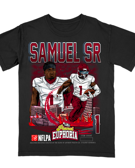Deebo Samuel SR Washington Commanders #1 NFLPA graphic tee by Planet Euphoria in black, front view.