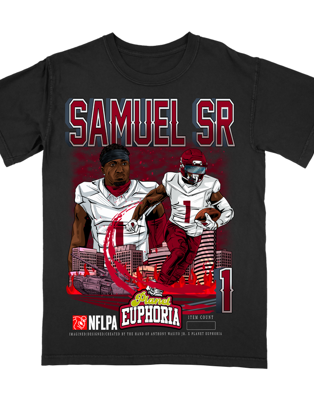 Deebo Samuel SR Washington Commanders #1 NFLPA graphic tee by Planet Euphoria in black, front view.
