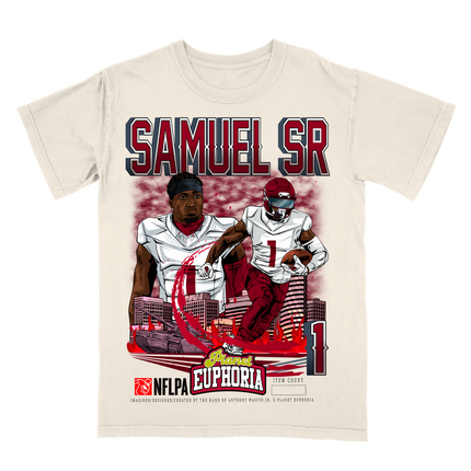 Deebo Samuel Sr. Washington Commanders player #1 NFLPA graphic tee by Planet Euphoria in off-white, front view.