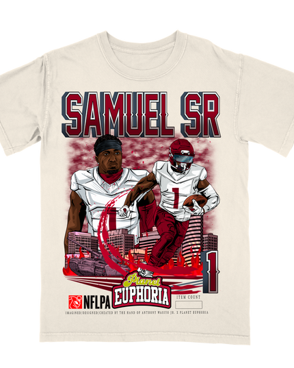 Deebo Samuel Sr. Washington Commanders player #1 NFLPA graphic tee by Planet Euphoria in off-white, front view.