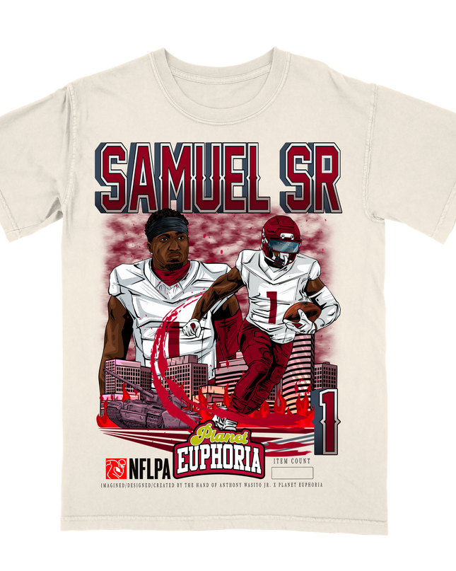 Deebo Samuel Sr. Washington Commanders player #1 NFLPA graphic tee by Planet Euphoria in off-white, front view.
