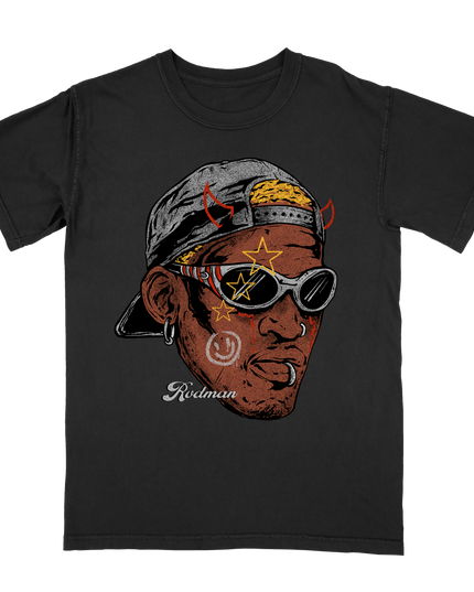 Dennis Rodman in sunglasses and backwards hat Fat Head graphic t-shirt by Planet Euphoria in black, front view.