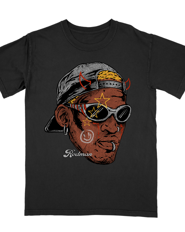 Dennis Rodman in sunglasses and backwards hat Fat Head graphic t-shirt by Planet Euphoria in black, front view.