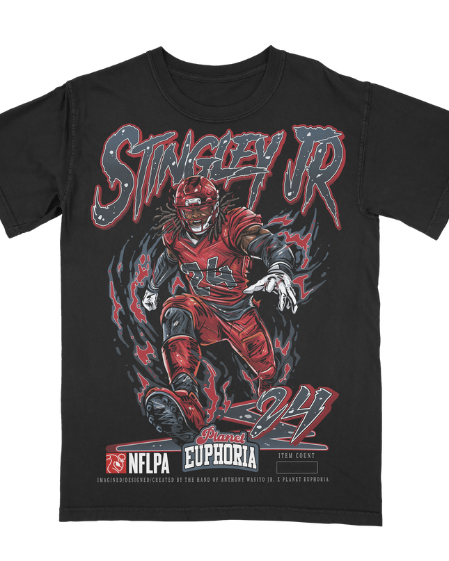 Derek Stingley Jr Houston football graphic t-shirt from Planet Euphoria, black shirt, front view