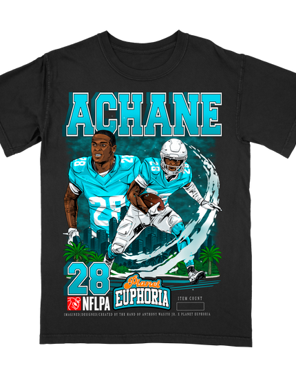 De’Von Achane Miami football player graphic tee by Planet Euphoria in black, front view.