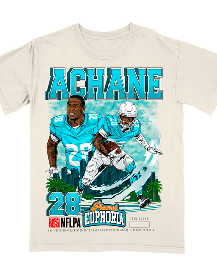 De’Von Achane Miami football player graphic tee by Planet Euphoria in off-white, front view.
