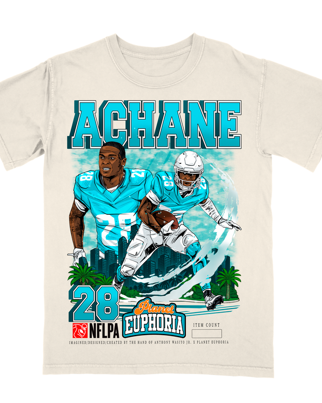 De’Von Achane Miami football player graphic tee by Planet Euphoria in off-white, front view.
