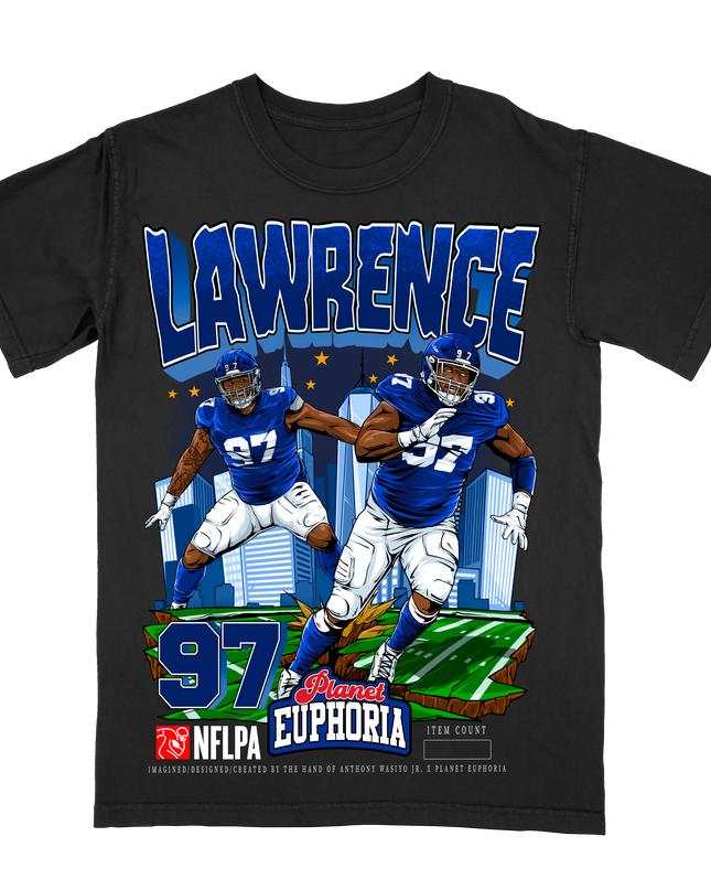 Dexter Lawrence NY Giants NFL player graphic t-shirt by Planet Euphoria in black, front view.