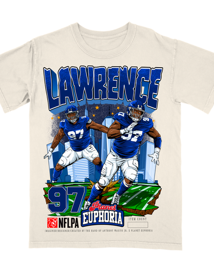 Dexter Lawrence NY Giants NFL player graphic t-shirt by Planet Euphoria in off-white, front view.
