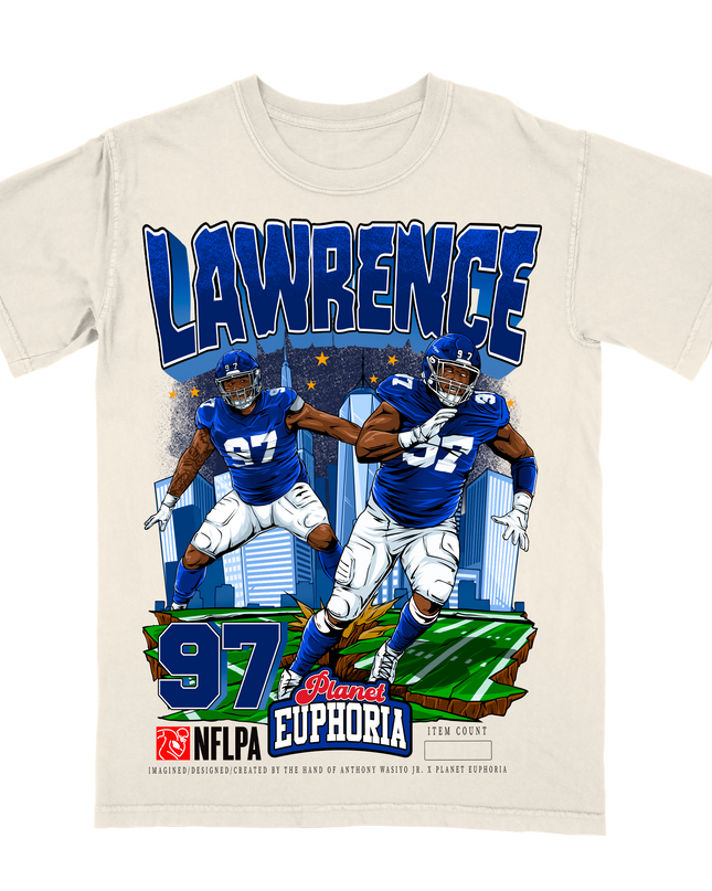 Dexter Lawrence NY Giants NFL player graphic t-shirt by Planet Euphoria in off-white, front view.