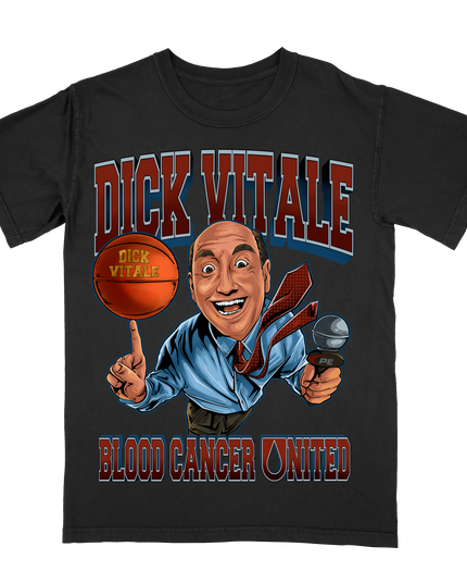 Dick Vitale Blood Cancer United BCU graphic tee by Planet Euphoria in black, front view.