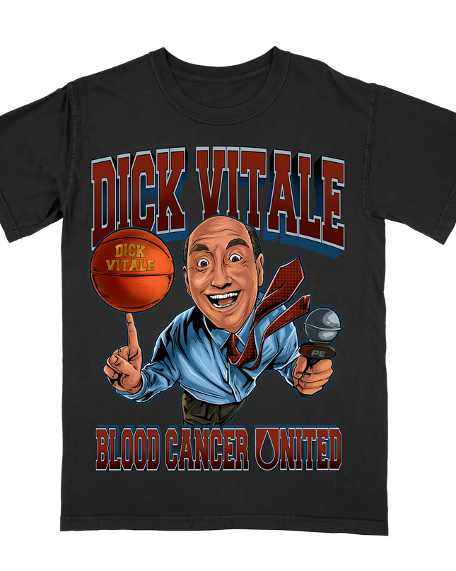 Dick Vitale Blood Cancer United BCU graphic tee by Planet Euphoria in black, front view.