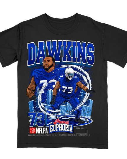Dion Dawkins NFL Player graphic tee by Planet Euphoria in black, front view.