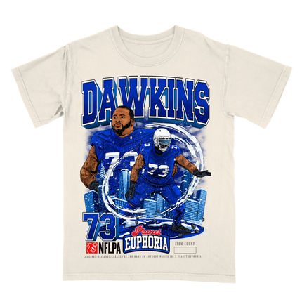 Dion Dawkins NFL Player graphic tee by Planet Euphoria in off-white, front view.