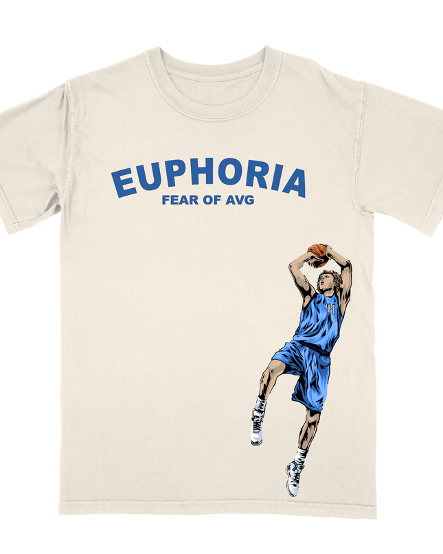 Dirk Nowitzki Dallas 'Fear of Average' basketball fade-away action T-shirt by Planet Euphoria in off-white, front view.