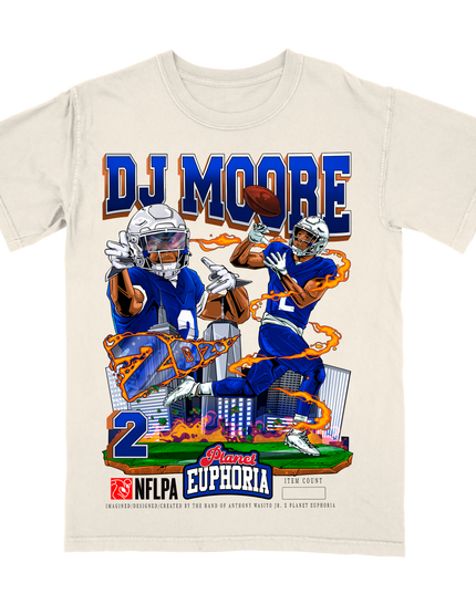 DJ Moore Buffalo NFLPA graphic tee by Planet Euphoria in off-white, front view.