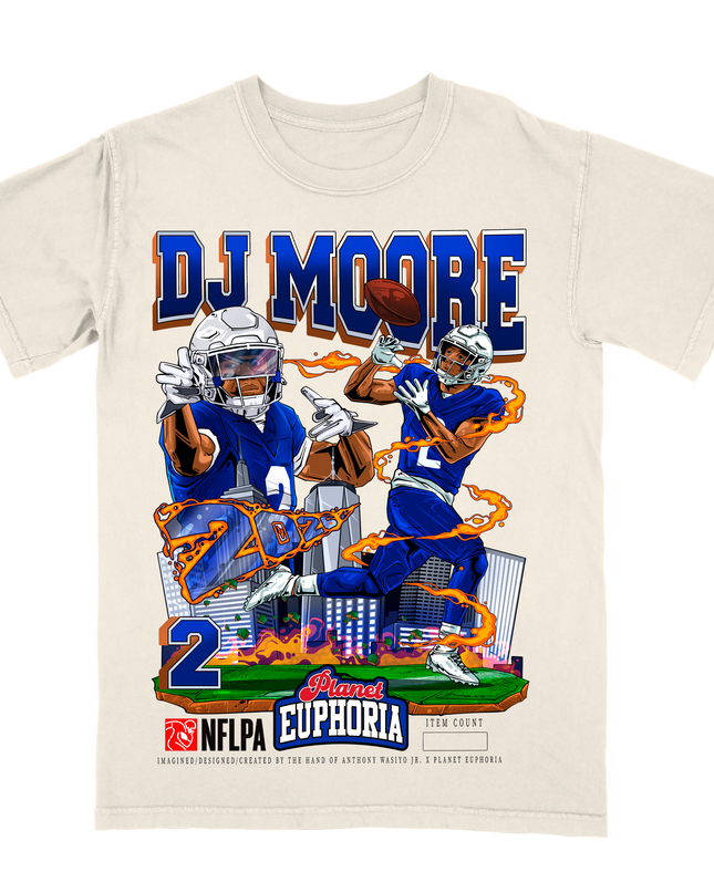 DJ Moore Buffalo NFLPA graphic tee by Planet Euphoria in off-white, front view.