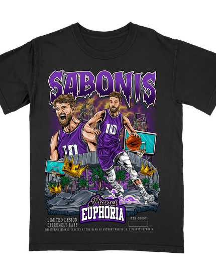 Domantas Sabonis Sacramento basketball action graphic T-shirt by Planet Euphoria in black, front view.