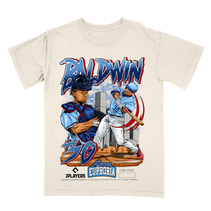 Drake Baldwin MLB Player graphic tee by Planet Euphoria in off-white, front view.