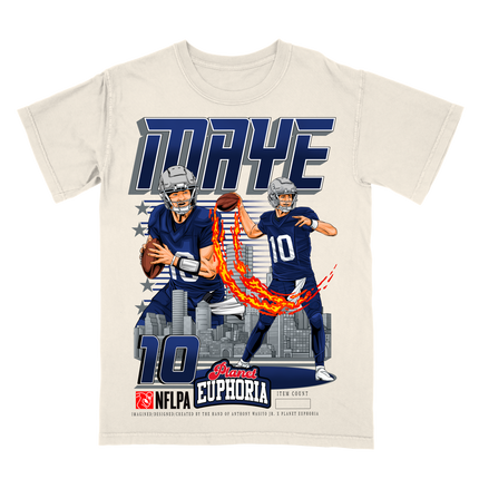 Drake Maye #10 New England NFL graphic t-shirt, version 2, by Planet Euphoria in off-white,  front view.