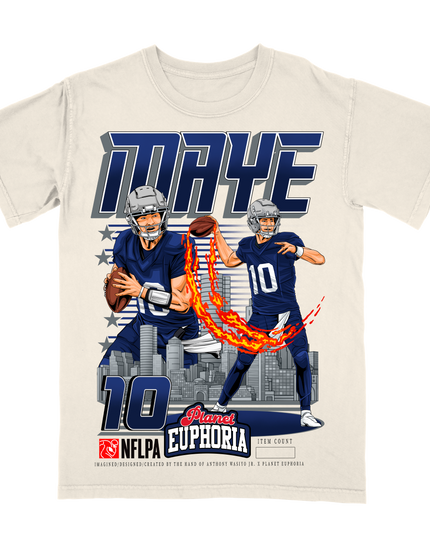 Drake Maye #10 New England NFL graphic t-shirt, version 2, by Planet Euphoria in off-white,  front view.