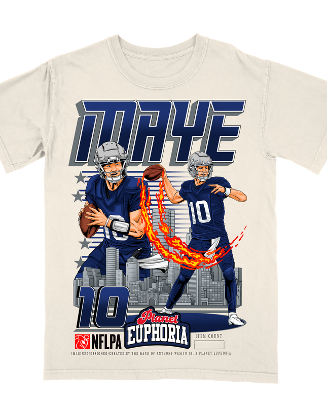 Drake Maye #10 New England NFL graphic t-shirt, version 2, by Planet Euphoria in off-white,  front view.