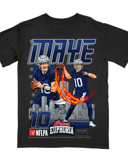 Drake Maye #10 New England NFL graphic t-shirt, version 2, by Planet Euphoria in black, front view.