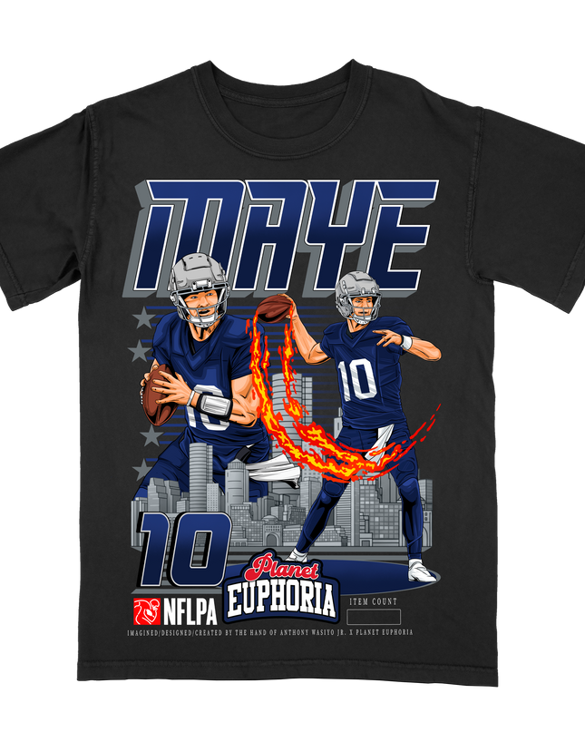 Drake Maye #10 New England NFL graphic t-shirt, version 2, by Planet Euphoria in black, front view.