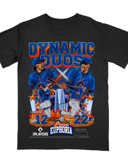 Lindor and Soto Dynamic Duo New York MLB graphic tee by Planet Euphoria in black, front view.