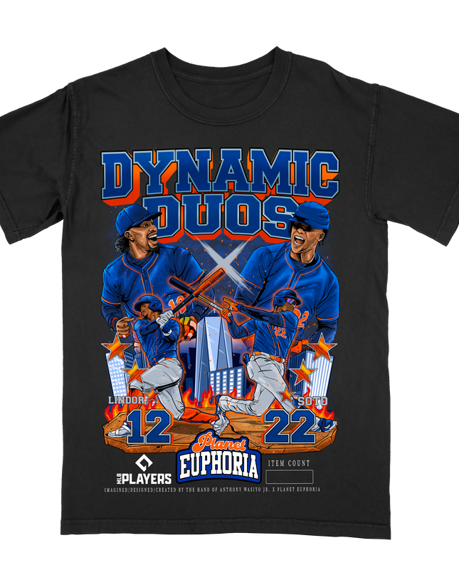 Lindor and Soto Dynamic Duo New York MLB graphic tee by Planet Euphoria in black, front view.