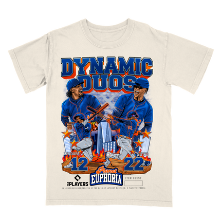 Lindor and Soto Dynamic Duo MLBPA New York Mets graphic tee by Planet Euphoria in off-white, front view.