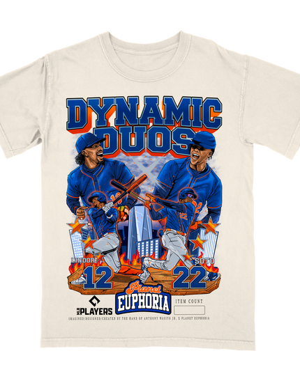 Lindor and Soto Dynamic Duo MLBPA New York Mets graphic tee by Planet Euphoria in off-white, front view.
