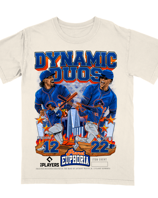Lindor and Soto Dynamic Duo MLBPA New York Mets graphic tee by Planet Euphoria in off-white, front view.