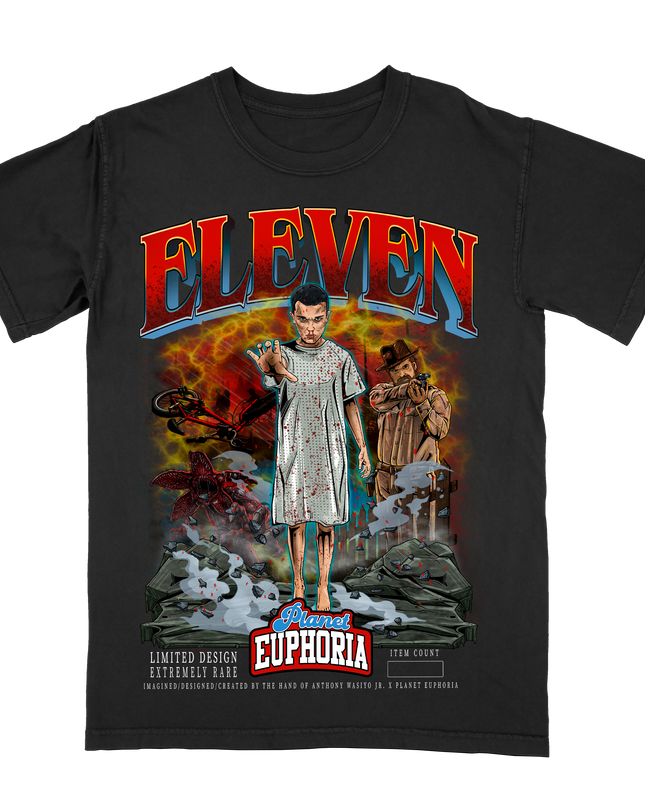 Stranger Things 'ELEVEN' graphic tee by Planet Euphoria in black, front view.