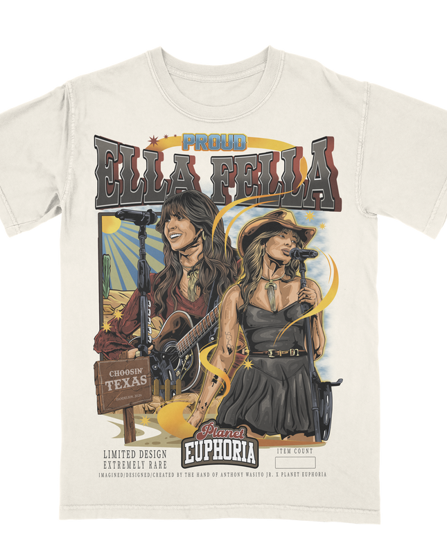 Ella Langley 'Proud ELLA FELLA' country music superstar limited edition graphic t-shirt by Planet Euphoria in off-white, featuring 'Choose Texas,' front view.