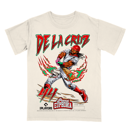 Elly De La Cruz 44 mutant action graphic tee by Planet Euphoria in off-white, front view.