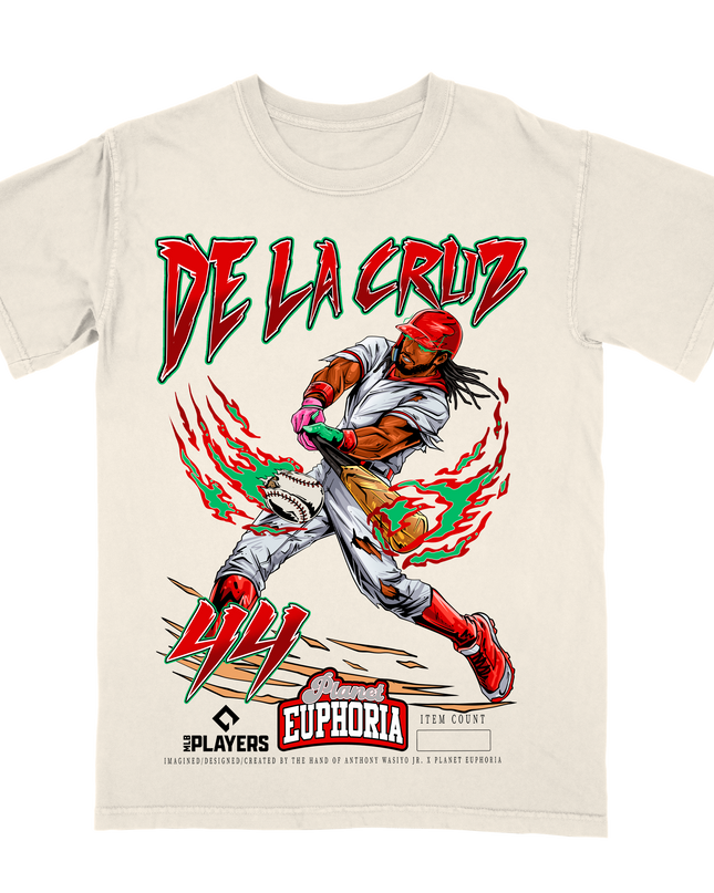 Elly De La Cruz 44 mutant action graphic tee by Planet Euphoria in off-white, front view.