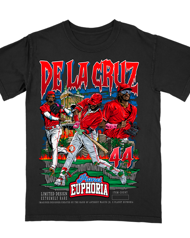 Elly De La Cruz Cincinnati MLB player #44 graphic T-shirt by Planet Euphoria in black, front view.