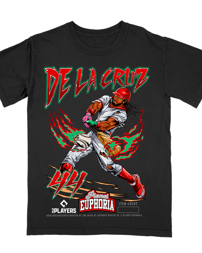 Elly De La Cruz #44 limited action graphic tee by Planet Euphoria in black, front view.
