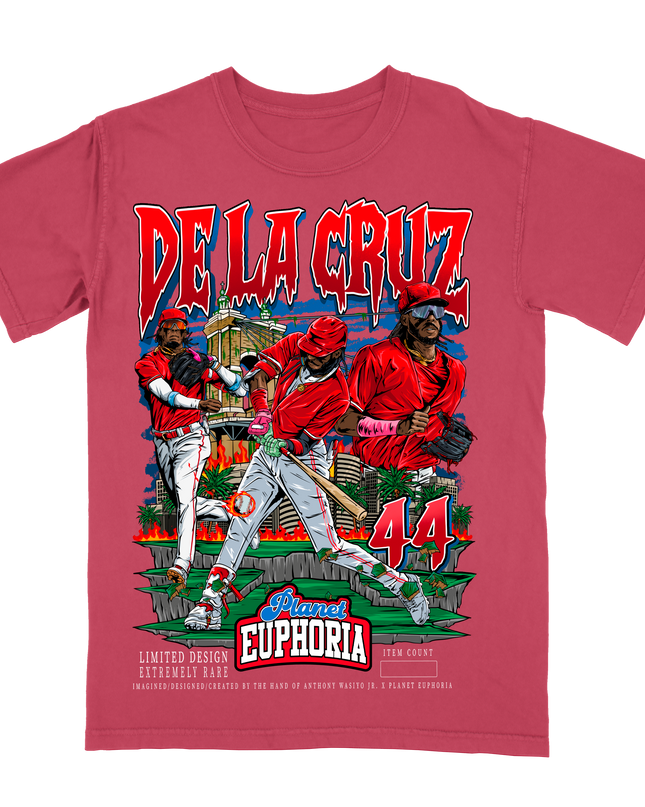 Elly De La Cruz Cincinnati baseball player graphic t-shirt by Planet Euphoria in red, front view.