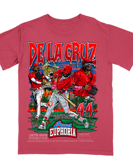 Elly De La Cruz Cincinnati baseball player graphic t-shirt by Planet Euphoria in red, front view.