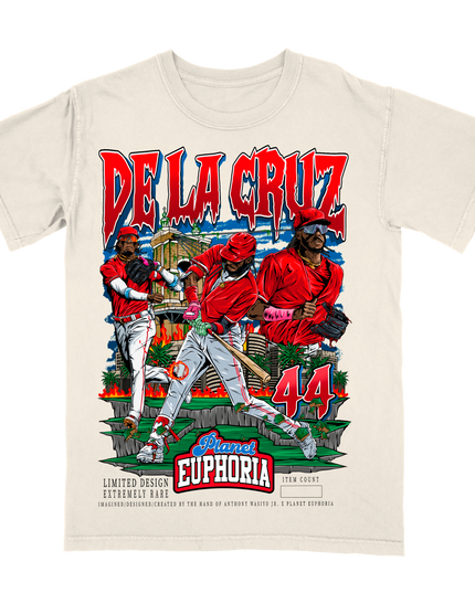 Elly De La Cruz Cincinnati MLB player youth sized graphic T-shirt by Planet Euphoria in off-white, front view.