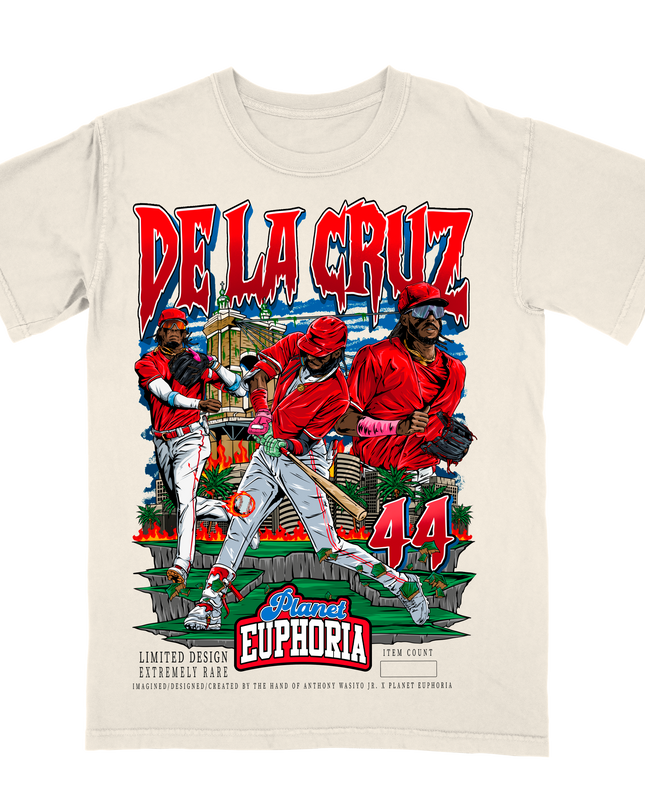 Elly De La Cruz Cincinnati MLB player youth sized graphic T-shirt by Planet Euphoria in off-white, front view.
