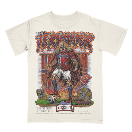 Erling Haaland 'The TERMINATOR' Norwegian World Cup Soccer graphic t-shirt by Planet Euphoria in off-white, front view.