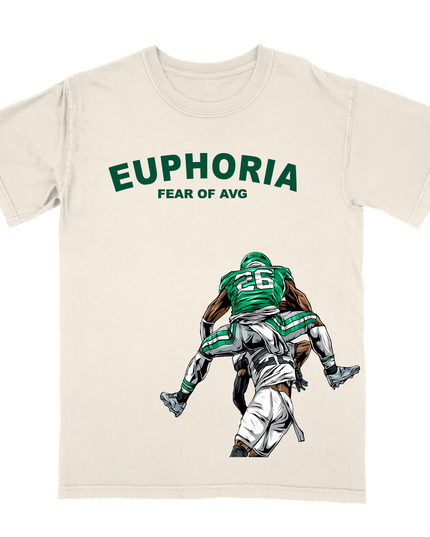 Saquon Barkley Philly 'Fear of Average' jumping action graphic T-shirt by Planet Euphoria in off-white, front view.