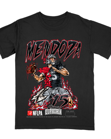 Fernando Mendoza Raiders Rookie graphic tee by Planet Euphoria in black, front view.