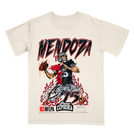 Fernando Mendoza Las Vegas Raiders football graphic t-shirt from Planet Euphoria, off-white shirt, front view