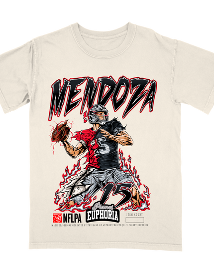 Fernando Mendoza Las Vegas Raiders football graphic t-shirt from Planet Euphoria, off-white shirt, front view