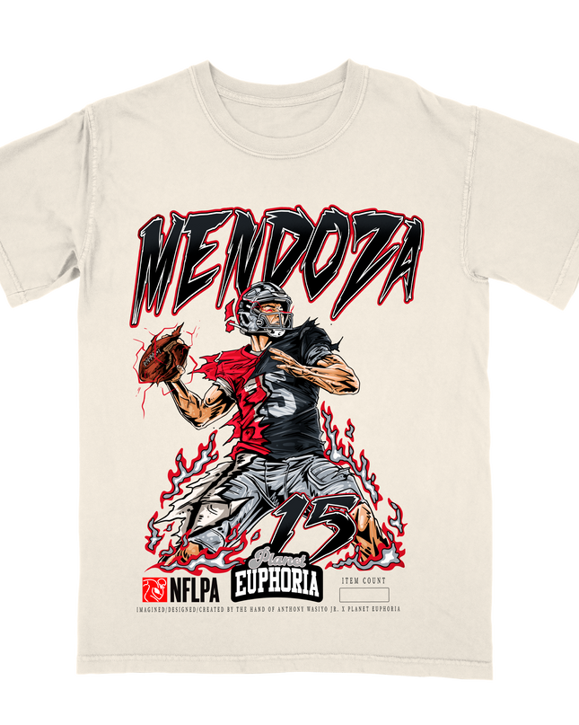 Fernando Mendoza Las Vegas Raiders football graphic t-shirt from Planet Euphoria, off-white shirt, front view