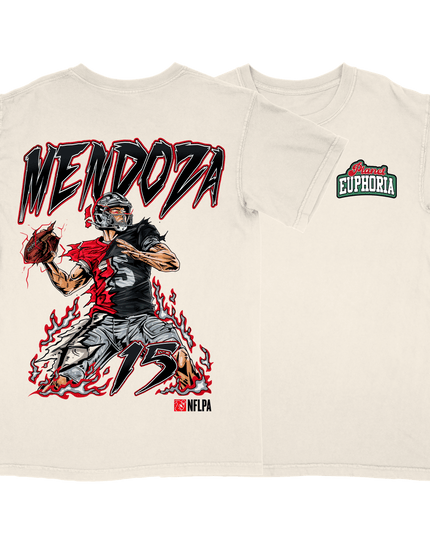 Fernando Mendoza Raiders graphic tee by Planet Euphoria in white, front and back view.